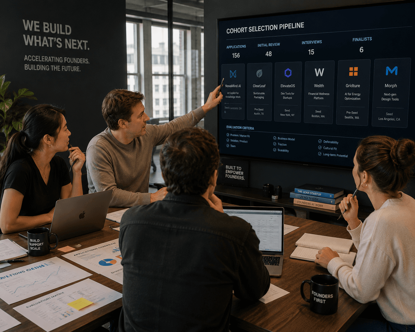 An accelerator team reviewing its cohort selection pipeline