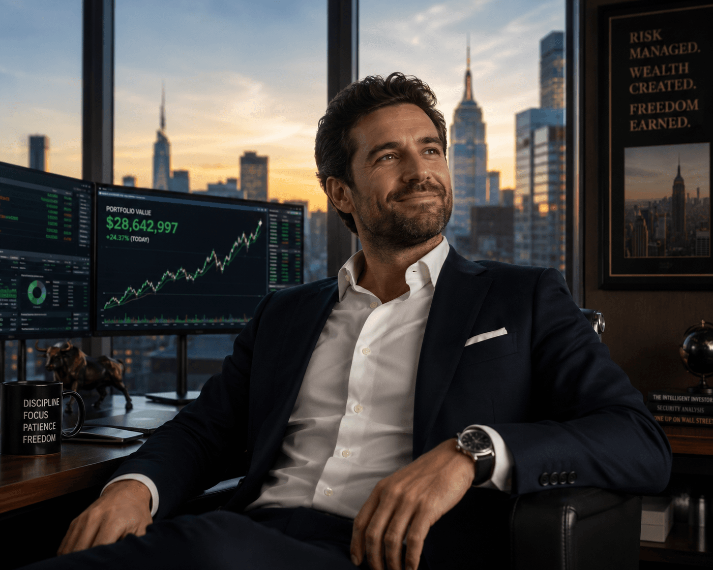 A venture investor at their desk overlooking the city